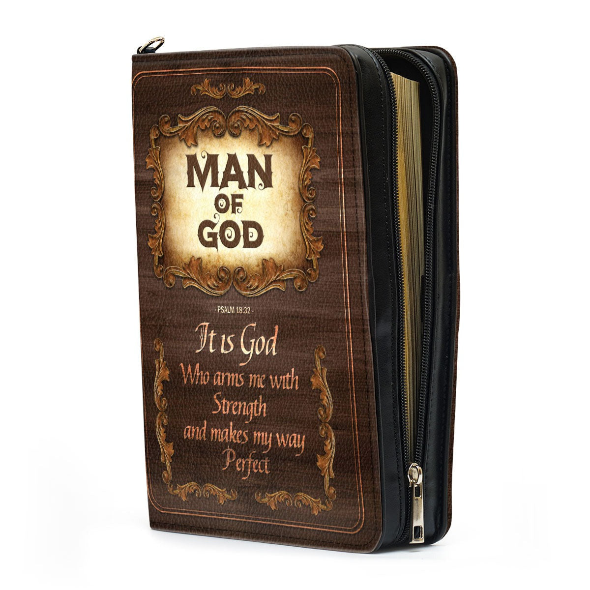 Psalm 18:32 | Man Of God Leather Book Cover, Personalized Zippered Bible Cover, Scripture Gifts For Men, Bible Carrying Case